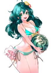  ahoge bikini bow breasts cowboy_shot female flower food frills fruit green_bikini green_eyes green_hair hair_flower hair_ornament holding holding_food holding_fruit holding_watermelon jewelry long_hair maria_(housamo) medium_breasts navel necklace official_alternate_costume open_mouth ribbon shiratori_yokikana simple_background smile solo swimsuit thighhighs thighs tokyo_afterschool_summoners watermelon wavy_hair white_background yellow_bow zettai_ryouiki 