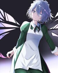  apron black_ribbon dande_cat dungeon_ni_deai_wo_motomeru_no_wa_machigatteiru_darou_ka female grey_eyes grey_hair hair_between_eyes heterochromia highres long_sleeves looking_at_viewer ribbon short_hair simple_background smile spoilers syr_flover waitress 