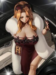  black_collar black_survival blonde_hair breasts car character_name cleavage collar collarbone commentary_request dress eyebrows eyewear_on_head feather_boa female fishnet_top fishnets huge_breasts jenny_sinclair letdie1414 long_hair motor_vehicle nail_polish red-tinted_eyewear red_collar red_dress red_nails smile solo sunglasses tinted_eyewear yellow_eyes 