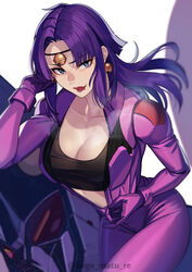  absurdres bell bell_earrings black_headband black_shirt blue_eyes breasts collarbone crop_top cropped_shirt earrings eyeshadow female floating_hair fuala_griffon gloves gundam hair_behind_ear headband highres jewelry kagematsuri leaning_forward licking_lips long_hair looking_to_the_side makeup mecha medium_breasts mobile_suit parted_hair purple_gloves purple_hair red_eyeshadow robot shirt solo tongue tongue_out twitter_username victory_gundam zanneck zanscare 