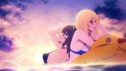  2girls amazuki_jou andou_(girls_und_panzer) arm_up back-to-back bikini black_bikini black_hair blonde_hair blue_eyes blush breasts brown_eyes cloud cloudy_sky commentary dark-skinned_female dark_skin dutch_flag dutch_flag_bikini dutch_flag_print flag_print frown girls_und_panzer gradient_sky highres inflatable_duck inflatable_raft leaning_back leaning_on_person medium_breasts medium_hair messy_hair multiple_girls open_mouth orange_sky oshida_(girls_und_panzer) partially_submerged purple_sky sky sun sunset swimming swimsuit wet yuri 