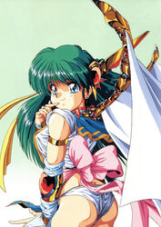  1990s_(style) armlet ass back_bow blue_eyes bow bridal_gauntlets can_can_bunny cowboy_shot earrings female gradient_background green_background green_hair hair_ornament highres jewelry long_hair non-web_source official_art panties retro_artstyle scan smile solo swatty_(can_can_bunny) underwear white_panties 