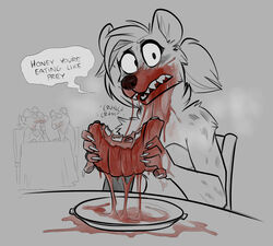  2022 aleks_(toothandscale) anthro biped blood blood_on_face blood_on_hand bodily_fluids claws dialogue digital_media_(artwork) eating eating_flesh english_text fangs female finger_claws food furniture grey_background group hyena keadonger looking_at_viewer male mammal meat messy_eater plate raised_finger raised_pinky restaurant simple_background speech_bubble spotted_hyena table talking_to_viewer teeth text trio 