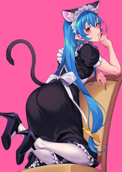  alternate_costume animal_ear_fluff animal_ears apron black_dress black_footwear blue_hair cat_ears cat_girl cat_tail closed_mouth commentary dress enmaided extra_ears female frilled_dress frills from_behind high_heels highres kneeling leaning_forward long_hair looking_at_viewer looking_back low-tied_long_hair maid maid_apron maid_headdress medium_dress on_chair pantyhose pink_background precure red_eyes short_sleeves simple_background solo star_twinkle_precure sugarbeat tail very_long_hair white_apron white_pantyhose wooden_chair yuni_(precure) 