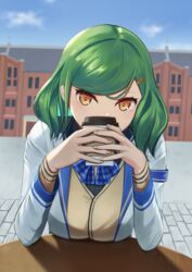  +_+ blue_bow bow breasts brown_eyes covered_mouth cup disposable_coffee_cup disposable_cup female green_hair hair_behind_ear hair_ornament hairclip head_tilt highres holding holding_cup kamota_(kamotadm) kitakoji_hisui looking_at_viewer medium_breasts nijisanji school_uniform selene_girls_school_uniform short_hair solo virtual_youtuber 