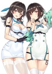  2girls :d absurdres aqua_jacket arm_strap arm_up atago_(blue_oath) bare_shoulders black_gloves blue_oath blush breasts brown_hair cleavage cleavage_cutout closed_mouth clothing_cutout commentary_request cowboy_shot cropped_jacket dress gloves goyain highres jacket long_hair looking_at_viewer medium_breasts multiple_girls open_clothes open_jacket open_mouth short_dress short_hair sleeveless sleeveless_dress smile takao_(blue_oath) thigh_gap thighhighs transparent_background white_dress white_legwear zettai_ryouiki 