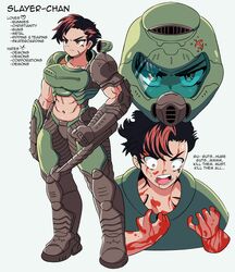  abs absurdres armor assault_visor bad_link black_hair blood blood_on_face blood_on_hands blue_visor breasts doom_(series) doom_eternal doomguy english_text female genderswap_(mtf) helmet highres holding holding_weapon knife mango_away mark_of_the_doom_slayer midriff multicolored_hair muscular muscular_female power_armor praetor_suit rip_and_tear_(phrase) rule_63 scar scar_on_face short_hair shoulder_cannon tsurime two-tone_hair very_short_hair weapon wrist_blades yellow_eyes 