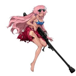  anti-materiel_rifle barefoot bikini bikini_tan blue_bikini blush breasts brown_eyes damaged defeat eyewear_on_head feet female full_body girls&#039;_frontline gun halterneck holding holding_gun holding_weapon large_breasts leg_up long_hair looking_at_viewer navel ntw-20 ntw-20_(girls&#039;_frontline) ntw-20_(op._blazing_sun)_(girls&#039;_frontline) official_alternate_costume official_art one_eye_closed open_mouth pink_hair ran_(bukeranwu) rifle sarong shadow sniper_rifle solo strap_break striped_bikini striped_clothes sunglasses swimsuit tan tanlines toes torn_bikini torn_clothes torn_sarong transparent_background tsurime very_long_hair weapon 