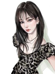  aespa black_hair cheetah_print dress expressionless female grey_dress grey_eyes hair_between_eyes head_tilt highres jewelry k-pop long_hair looking_at_viewer necklace real_life realistic selfie shadow solo white_background winter_(aespa) xiaoya_(horsesmallduck) 