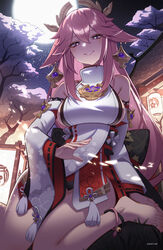  absurdres animal_ears armpits bare_shoulders barefoot breasts cherry_blossoms cleavage detached_sleeves earrings feet female floppy_ears fox fox_ears full_moon genshin_impact hair_between_eyes hair_ornament highres japanese_clothes jewelry large_breasts legs long_hair long_sleeves looking_at_viewer moon nail_polish night night_sky nontraditional_miko pink_hair pink_nails psidubs purple_eyes sideboob sitting sky smile solo star_(sky) starry_sky thighs toenail_polish toenails toes tomoe_(symbol) vision_(genshin_impact) wariza wide_sleeves yae_miko 