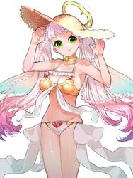  angel angel_wings arms_up bikini bow bow_choker breasts cleavage cleavage_cutout closed_mouth clothing_cutout feathered_wings female frills gabriel_(housamo) gradient_hair green_eyes halo hat heart long_hair medium_breasts multicolored_hair official_alternate_costume pink_hair shiratori_yokikana simple_background smile solo straw_hat swimsuit tokyo_afterschool_summoners white_background white_hair wings 