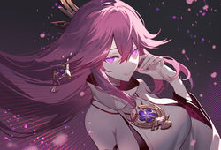  animal_ears bare_shoulders breasts detached_sleeves earrings female fox_ears genshin_impact glowing glowing_eyes hair_ornament highres jewelry large_breasts long_hair looking_at_viewer necklace pendant pink_hair purple_eyes sidelocks sleeveless smile solo very_long_hair wide_sleeves xion32 yae_miko 