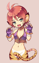  animal_ears breasts breath_of_fire breath_of_fire_ii bustier cat_ears cat_girl cat_tail facial_mark female fingerless_gloves gloves green_eyes groin looking_at_viewer navel open_mouth orange_hair paw_pose pointy_ears rinpoo_chuan short_hair simple_background smile solo souichi tail 