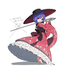  barefoot bowl bowl_hat commentary dated female frills full_body furisode hat highres holding holding_needle japanese_clothes kimono long_sleeves looking_to_the_side needle needle_sword obi petticoat purple_hair red_eyes red_kimono sash shishi_osamu short_hair smile solo standing sukuna_shinmyoumaru tiptoes touhou twitter_username white_background wide_sleeves 