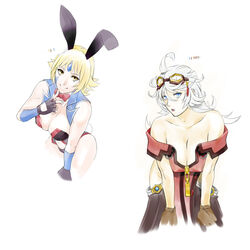  2girls bare_shoulders blue_eyes breasts cleavage closed_mouth collarbone commentary_request cowboy_shot fingerless_gloves gloves goggles goggles_on_head hair_between_eyes highres kuroi_ani large_breasts long_hair looking_at_viewer multiple_girls photoshop_(medium) project_x_zone_2 sheath_(pxz) short_hair silver_hair simple_background standing urashima_chizuru white_background white_hair 