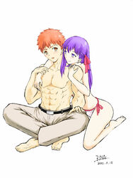  1boy 2015 arm_around_neck barefoot belt bikini bikini_bottom_only black_belt brown_eyes closed_mouth collarbone couple dated emiya_shirou fate/stay_night fate_(series) female grey_pants hair_ribbon highres indian_style kneeling long_hair matou_sakura no_pupils open_mouth orange_hair pants pink_ribbon purple_eyes purple_hair ribbon rna_(angel-smelter) side-tie_bikini_bottom sitting smile soles spiked_hair straight swimsuit topless topless_male white_bikini 