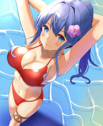  alternate_costume arms_behind_head bikini blue_eyes blue_hair blush breasts cleavage commentary_request female gotland_(kancolle) kantai_collection large_breasts long_hair looking_at_viewer mole mole_under_eye ponytail red_bikini sidelocks smile solo swimsuit thigh_strap toyomi_13 water 