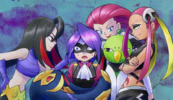  1boy 3girls ascot black_hair blonde_hair blue_eyes commentary_request constriction crop_top crossed_arms earrings eye_mask gyaru hair_slicked_back hands_on_another&#039;s_face hiichi_(hnt1aa) jessie_(pokemon) jewelry lipstick long_sleeves looking_at_another lucy_(pokemon) makeup mask midriff multicolored_hair multiple_girls navel plumeria_(pokemon) pokemon pokemon_(anime) pokemon_(classic_anime) pokemon_(creature) pokemon_emerald pokemon_hgss pokemon_masters_ex pokemon_rse pokemon_sm purple_eyes purple_hair red_eyes red_hair scared seviper stomach sweatdrop tattoo team_rocket two-tone_hair vest will_(pokemon) xatu yellow_eyes 