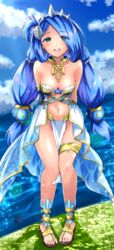  :d absurdres alternate_costume arms_behind_back asymmetrical_gloves blue_hair blue_sky blue_sleeves breasts cleavage cloud collarbone dana_(ys) day detached_sleeves diadem eyes_visible_through_hair female full_body gloves hair_over_one_eye highres leaning_forward long_hair looking_at_viewer medium_breasts midriff mussyu_danachan navel ocean open_mouth outdoors single_glove sky smile solo standing stomach strapless thighlet uneven_gloves very_long_hair ys ys_viii_lacrimosa_of_dana 