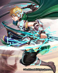  1boy blonde_hair boots cape cardfight!!_vanguard commentary_request green_eyes haru_(toyst) male_focus official_art photoshop_(medium) radical_knight_anil solo sword teeth weapon 