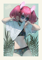  arms_up bikini bikini_under_clothes clothes_in_mouth clothes_lift collar duplicate ear_piercing earrings female floral_print hair_ornament jewelry lifting_own_clothes looking_at_viewer mgg_(x_arte) mouth_hold navel original piercing pink_hair pixel-perfect_duplicate plant round_eyewear shirt_in_mouth shirt_lift short_twintails solo sunglasses swimsuit twintails 