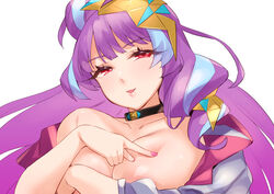  black_choker blue_hair breast_poke breasts choker cleavage collarbone covering_breasts covering_privates female hair_bun head_tilt jacket large_breasts looking_at_viewer macross macross_delta mikumo_guynemer multicolored_hair poking poking_self purple_hair sasanoneko single_hair_bun smile solo streaked_hair upper_body white_background white_jacket 