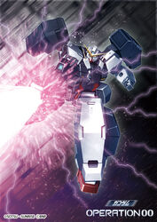  battle_spirits clenched_hand firing funbolt green_eyes gun gundam gundam_00 gundam_virtue holding holding_gun holding_weapon logo looking_down mecha no_humans official_art robot science_fiction solo space v-fin watermark weapon 