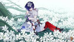  2girls artistic_error black_hair blue_eyes blue_hair bronya_zaychik bronya_zaychik_(drive_kometa) bronya_zaychik_(yamabuki_armor) chains closed_eyes colored_inner_hair copyright_name detached_sleeves dress drill_hair elbow_gloves field flower flower_field gloves grey_flower grey_hair hair_flower hair_ornament highres honkai_(series) honkai_impact_3rd hug hug_from_behind lily_(flower) logo looking_at_another multicolored_hair multiple_girls official_art official_wallpaper puffy_short_sleeves puffy_sleeves red_thighhighs second-party_source seele_vollerei seele_vollerei_(stygian_nymph) short_hair short_sleeves sitting thighhighs twin_drills white_dress white_flower white_gloves white_thighhighs yuri 