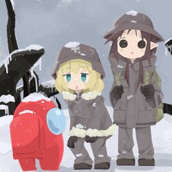  2girls :o among_us bad_id bad_twitter_id black_eyes black_hair blonde_hair blue_eyes brodie_helmet brown_hair chito_(shoujo_shuumatsu_ryokou) coat combat_helmet crewmate_(among_us) crossover fur-trimmed_coat fur_trim gloves green_coat green_pants helmet highres long_hair long_sleeves meme multiple_girls naaga_sonomono open_mouth outdoors pants shoujo_shuumatsu_ryokou snow stahlhelm standing yuuri_(shoujo_shuumatsu_ryokou) 