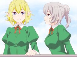  2girls bad_hands blonde_hair blue_eyes dungeon_ni_deai_wo_motomeru_no_wa_machigatteiru_darou_ka elf grey_eyes grey_hair hair_up highres juliet_sleeves long_sleeves looking_at_another looking_at_viewer maou_(ajtdmw369) multiple_girls outdoors pointy_ears profile puffy_sleeves red_ribbon ribbon ryu_lion short_hair sidelocks simple_background smile syr_flover 