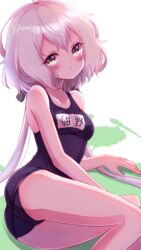  absurdres ass bad_id bad_pixiv_id blush breasts female from_behind green_eyes highres konno_junko legs long_hair looking_back low_twintails lying old_school_swimsuit on_side ribbon school_swimsuit small_breasts solo soraryu_saworu swimsuit thighs twintails very_long_hair white_hair zombie_land_saga 