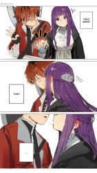  1boy 1boy1girl 1girl1boy 1girls axe closed_eyes clothed clothed_female clothed_male couple couple_(romantic) dating fake_enn female fern_(sousou_no_frieren) holding_hands kissing kissing long_hair purple_eyes purple_hair red_eyes red_hair safe saliva saliva_trail short_hair sousou_no_frieren spit spit_trail stark_(sousou_no_frieren) sweat sweatdrop weapon weapon_over_shoulder 