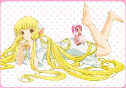  barefoot blonde_hair chii chobits pink_eyes pink_hair short_hair sumomo yellow_eyes 