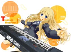  blonde_hair blue_eyes blush character_name commentary_request female highres instrument k-on! keyboard_(instrument) kotobuki_tsumugi long_hair nashigami_tsubute photoshop_(medium) solo 