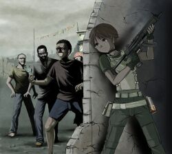  against_wall bulletproof_vest choker control_z explosive female fingerless_gloves gloves grenade gun muted_color rebecca_chambers resident_evil resident_evil_0 resident_evil_5 short_hair submachine_gun weapon zombie 