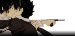  2boys 8018 black_hair hibari hibari_kyouya injury katekyo_hitman_reborn! khr kissing male male_focus multiple_boys school_uniform simple_background student tonfa uniform weapon white_background yamamoto_takeshi yaoi 