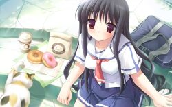  bag brand_name_imitation doughnut feline female food highres kanekiyo_miwa long_hair mister_donut natsu_no_ame school_bag school_uniform segawa_rikako serafuku solo very_long_hair 