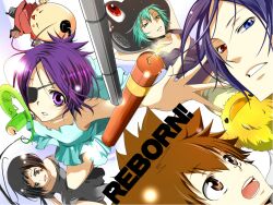  2girls 4boys animal artist_request black_hair blue_eyes brown_eyes brown_hair chrome_dokuro dress dynamite everyone explosive eyepatch fran_(reborn) green_eyes green_hair heterochromia hibird i-pin katekyo_hitman_reborn! leon_(reborn) long_hair multiple_boys multiple_girls purple_eyes purple_hair red_eyes rokudou_mukuro sawada_tsunayoshi short_hair uni_(reborn) 