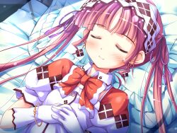  bed blush dress game_cg gloves ko~cha long_hair minette red_hair ribbons short_hair shukufuku_no_campanella sleeping twintails 