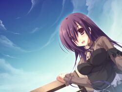  clouds long_hair mikage_(toppara) moriguchi_yuu purple_hair red_eyes sky toppara violet_eyes 