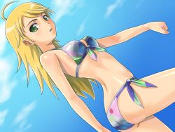  ass bikini blonde_hair commentary_request day dutch_angle female front-tie_top gravure_swimsuit_(idolmaster) green_eyes hoshii_miki idolmaster idolmaster_(classic) long_hair muhi11234 outdoors side-tie_bikini_bottom skindentation sky solo swimsuit 