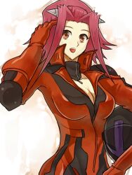  akiza akiza_izinski biker_clothes bikesuit breasts cleavage izayoi_aki large_breasts red_hair red_hair yu-gi-oh! yugioh_5d&#039;s yuu-gi-ou_5d&#039;s 