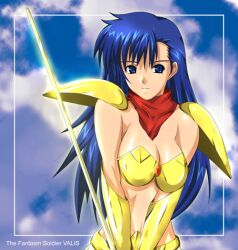  armor asou_yuuko banned_artist bikini_armor blue_background blue_eyes blue_hair breasts cloud copyright_name gauntlets hiviki_n&#039;alchemy large_breasts long_hair mugen_senshi_valis pauldrons red_scarf scarf skirt sky solo sword valis weapon 