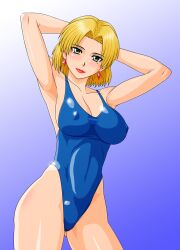  akagi_ritsuko armpits arms_up beauty_mark blonde_hair breasts cleavage earrings erect_nipples female gradient gradient_background green_eyes highres jewelry lipstick makani_kohitujito makeup mole neon_genesis_evangelion one-piece_swimsuit one_piece_swimsuit short_hair solo swimsuit 