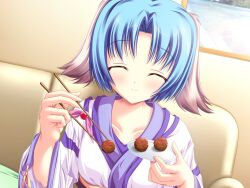  animal_ears blue_hair doggirl food game_cg haruhi_sarasa inakoi japanese_clothes whirlpool 