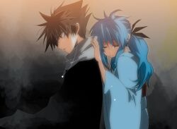  1boy asakoz black_hair brother_and_sister closed_eyes female female green_hair hiei japanese_clothes jewelry kimono long_hair male necklace red_eyes short_hair siblings spiked_hair tears yu_yu_hakusho yukina_(yu_yu_hakusho) yuu_yuu_hakusho 