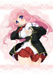  baka_to_test_to_shoukanjuu blush breasts commentary_request female fumizuki_academy_school_uniform hair_ornament himeji_mizuki large_breasts long_hair looking_at_viewer lying manma_miiya on_back open_clothes open_mouth pink_hair purple_eyes school_uniform solo underboob 