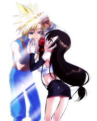  1boy blonde_hair blue_eyes brown_eyes brown_hair cloud_strife couple elbow_gloves female female final_fantasy final_fantasy_vii fingerless_gloves glass gloves long_hair male miniskirt sami23 sami_(pink_princess) sami_(pixiv1711295) skirt sleeveless sleeveless_turtleneck spiked_hair spiky_hair suspenders tifa_lockhart turtleneck 