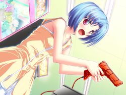  blue_hair game_cg gun haruhi_sarasa inakoi red_eyes weapon whirlpool 