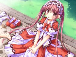  barefoot blush dress game_cg ko~cha long_hair minette red_eyes red_hair ribbons shukufuku_no_campanella twintails 